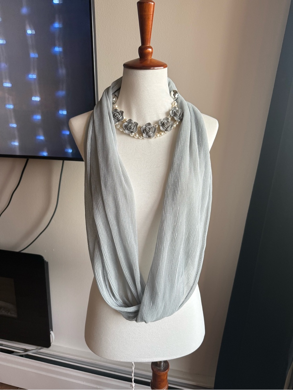 Light Gray Infinity Scarf with Floral Necklace